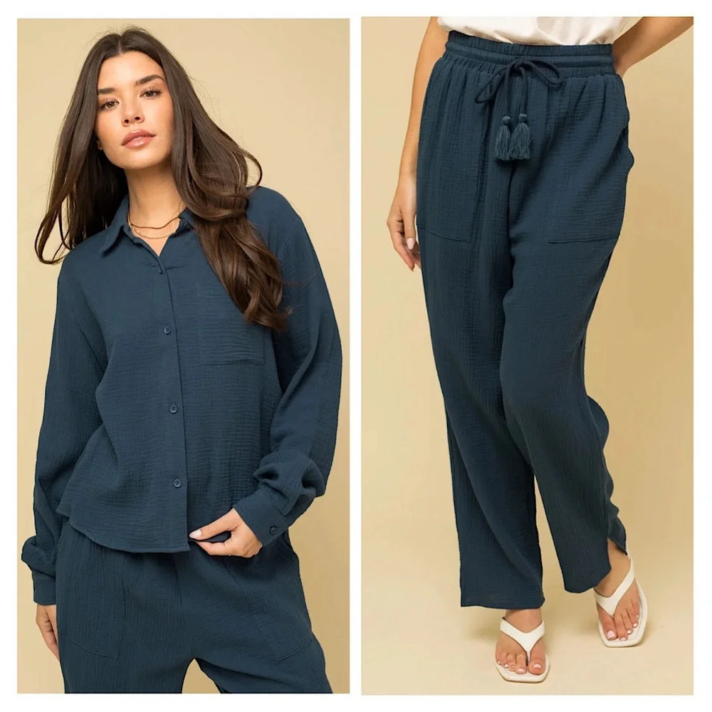 NWT-Cotton Button Down Single Pocket Shirt & Boho Pants Set